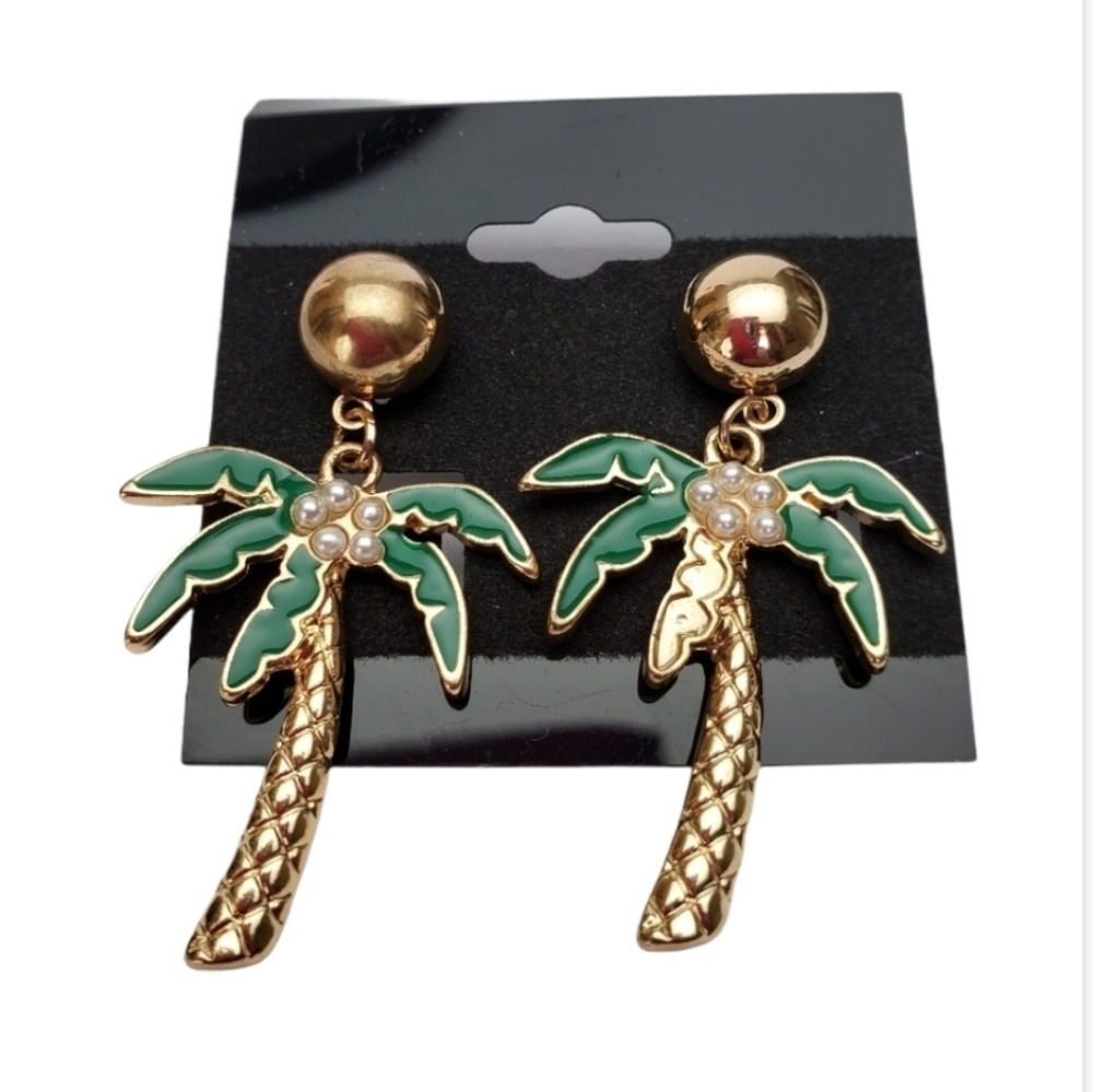 Tropical palms drop Earring Set green Beach Cruise 1.75" Beach cruise wear *